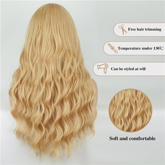 Blonde Wig Long Wavy Wig For Women Middle Part Long Blonde Wigs Synthetic - Picture 4 of 5